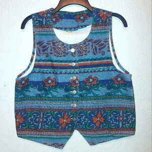 Vivaldi Jeanswear Button Front Western Vest Multicolor Floral Stripe Vintage M